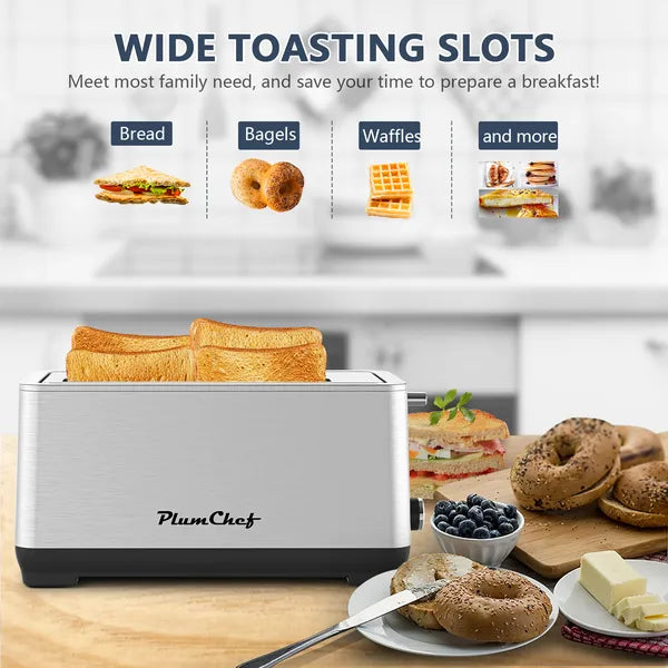 Silver stainless steel 4-slice toaster with extra-wide slots, two slices of toast, bagels, and blueberries.