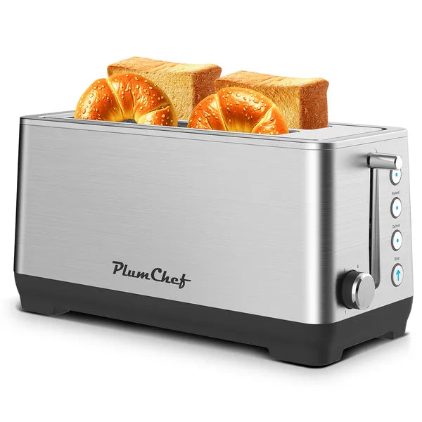 Silver stainless steel 4-slice toaster with extra-wide slots, toasting bread and croissants.