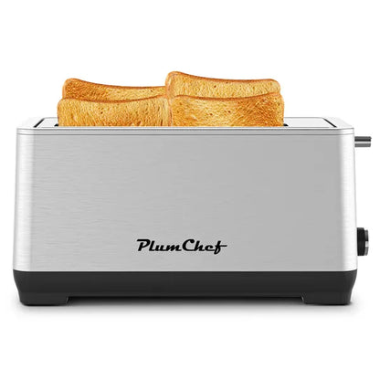 Silver stainless steel 4-slice extra-wide long slot toaster with two slices of toast.