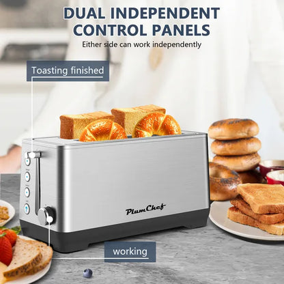 Silver stainless steel 4-slice toaster with extra-wide slots, dual controls, and toast popping up.