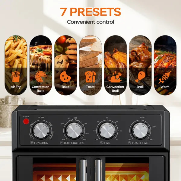 Black convection oven with silver dials, showing 7 preset functions like Air Fry and Bake.