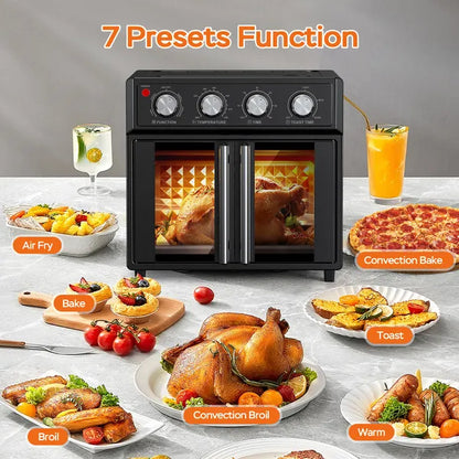 Sleek black multifunction convection oven with French doors, surrounded by various dishes like roasted chicken and pizza.