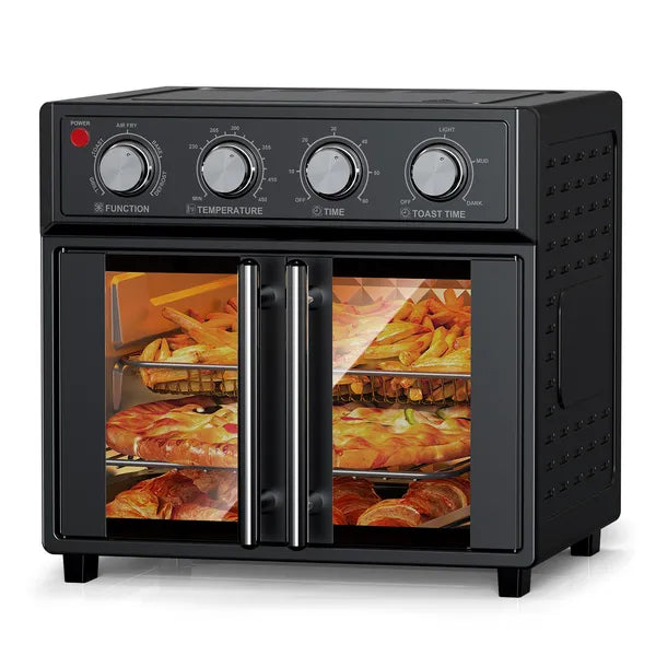 Sleek black 29.5-quart convection oven with French doors, air frying fries, pizzas, and croissants inside.