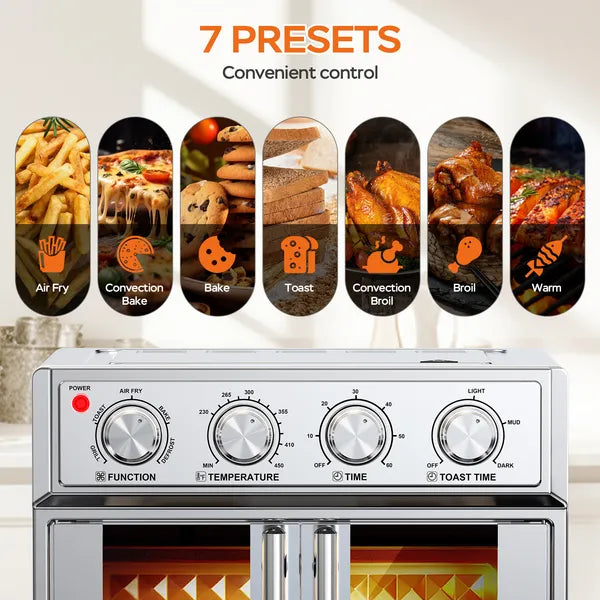 Silver convection oven with French doors and control panel, showing 7 cooking presets.