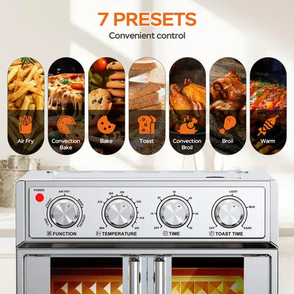 Silver convection oven with French doors and control panel, showing 7 cooking presets.