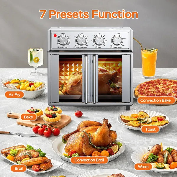 Silver 29.5-quart convection oven with French doors, displaying various cooked foods like roasted chicken and pizza.