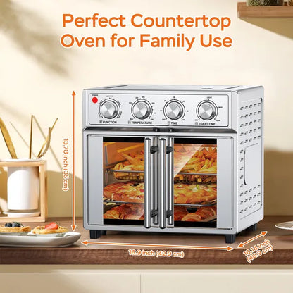 Silver 29.5-quart convection oven with French doors, displaying food and dimensions on a kitchen counter.
