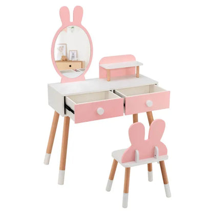Petal Pink 2-in-1 studio vanity and desk with bunny ear mirror, two open drawers, and matching chair.