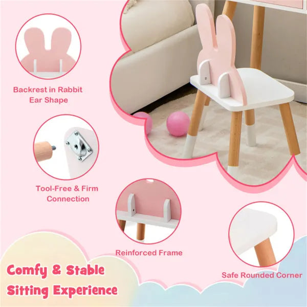 Petal pink and white wooden child's chair with rabbit ear backrest, rounded corners, and sturdy frame.