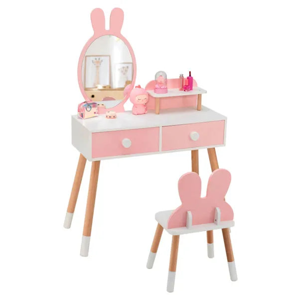 Petal Pink 2-in-1 Studio Vanity & Desk with bunny ear mirror and matching chair, featuring two drawers.