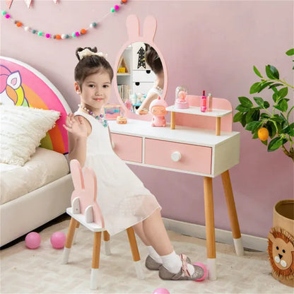 Petal Pink 2-in-1 Studio Vanity & Desk with bunny mirror and chair, featuring drawers and shelving.