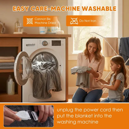 Woman and child washing a gray flannel and sherpa dual-zone electric blanket in a front-load washing machine.