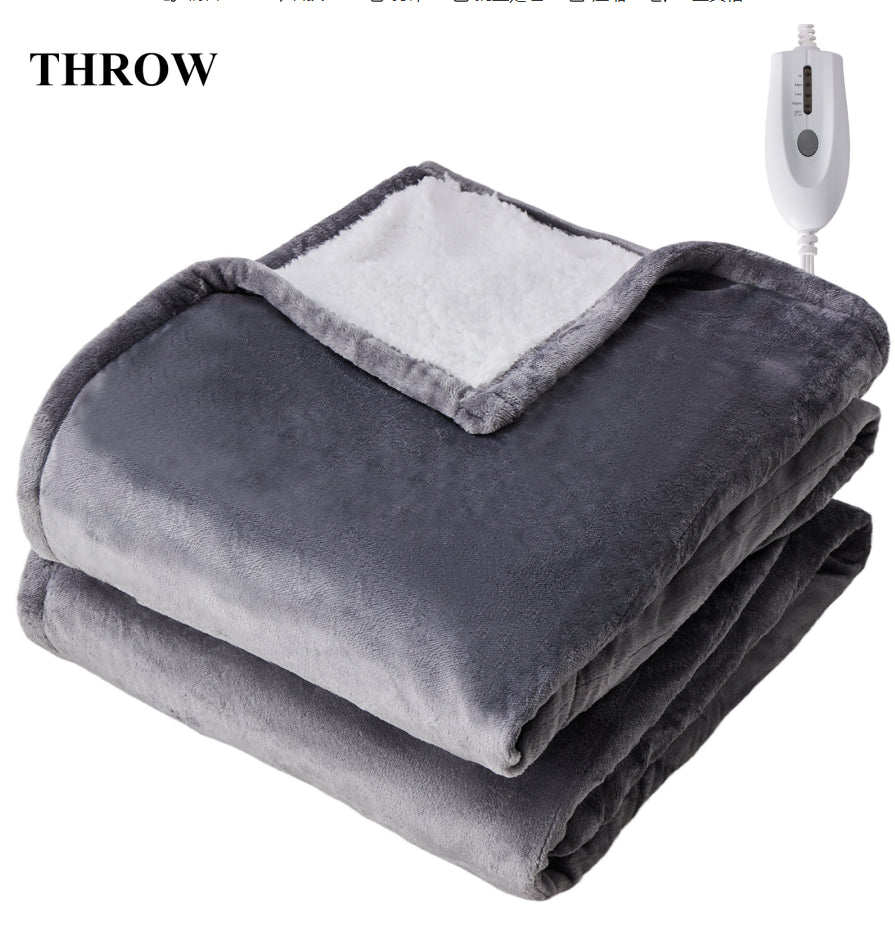 Folded gray flannel and white Sherpa electric blanket with a single white heat controller.