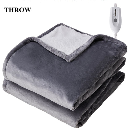 Folded gray flannel and white Sherpa electric blanket with a single white heat controller.