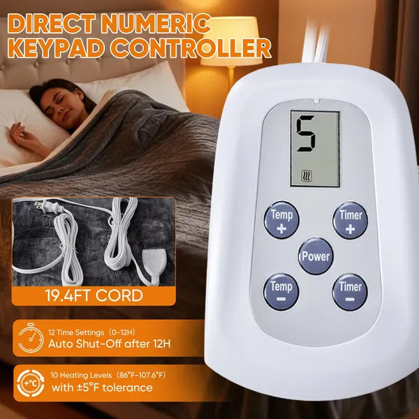 White dual-zone electric blanket controller with digital display and buttons, next to a gray flannel-sherpa blanket.