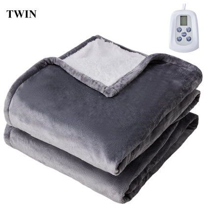 Twin size gray flannel and white Sherpa electric blanket with a digital controller.