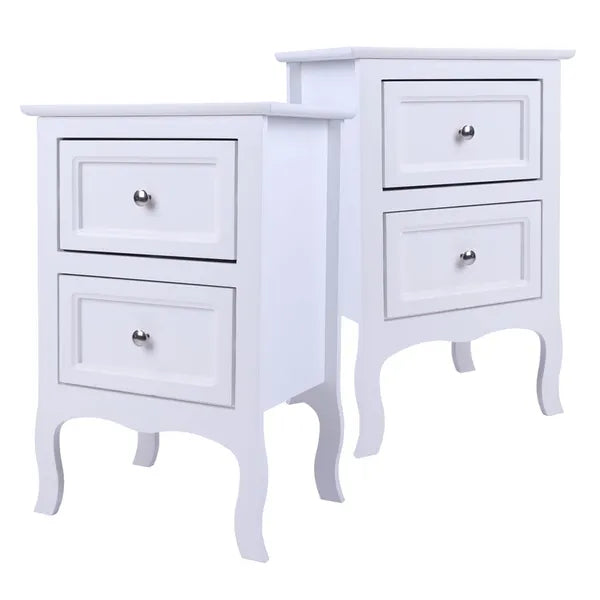 Two white "Heritage Charm" 2-tier nightstands with two drawers and curved legs.