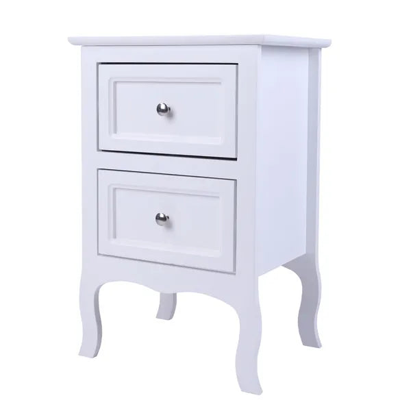White "Heritage Charm" 2-tier nightstand with two drawers, silver knobs, and curved legs.