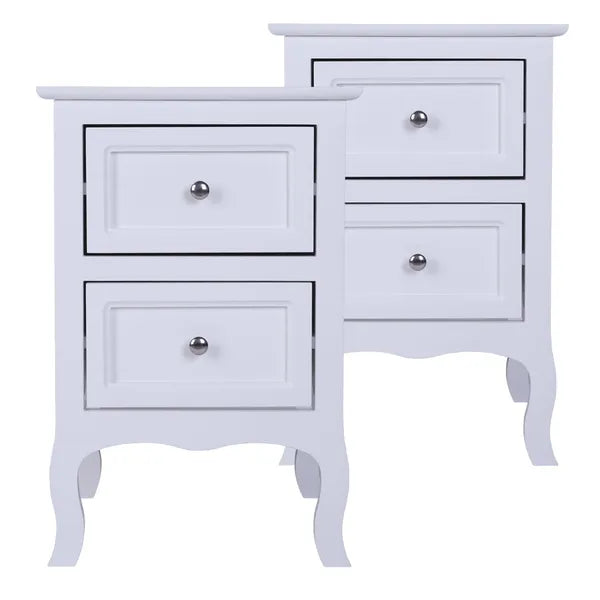 Set of two white "Heritage Charm" 2-tier nightstands with two drawers and curved legs.