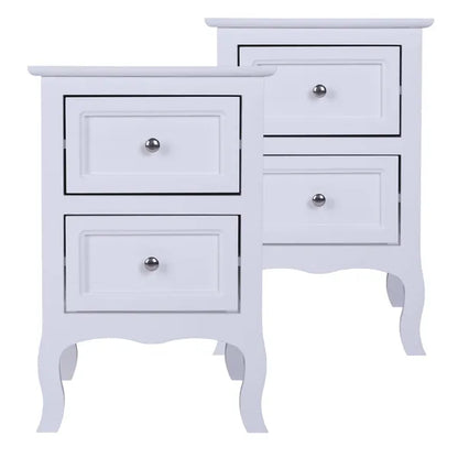 Set of two white "Heritage Charm" 2-tier nightstands with two drawers and curved legs.
