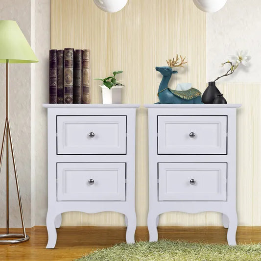Set of two white Heritage Charm 2-tier nightstands with two drawers and curved legs.