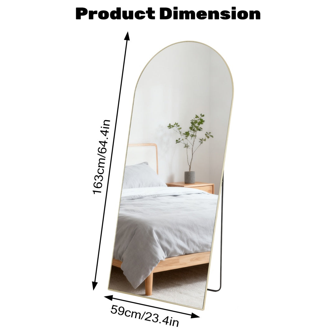 Golden arched full-length standing mirror, 64.4 inches tall, 23.4 inches wide, with a sleek metal frame.