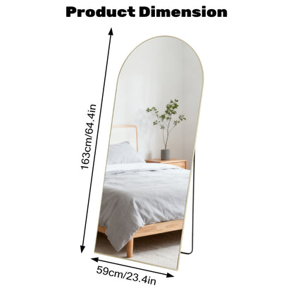 Golden arched full-length standing mirror, 64.4 inches tall, 23.4 inches wide, with a sleek metal frame.