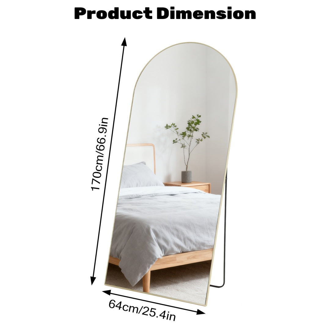 Golden arched full-length standing mirror, 170cm x 64cm, with a thin metal frame and stand.