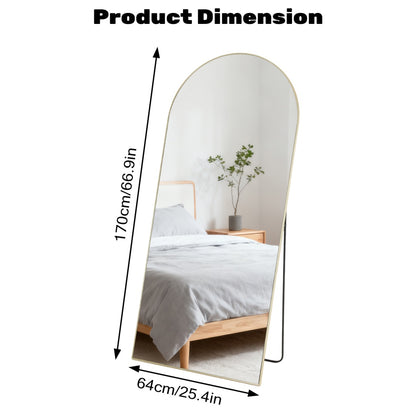 Golden arched full-length standing mirror, 170cm x 64cm, with a thin metal frame and stand.