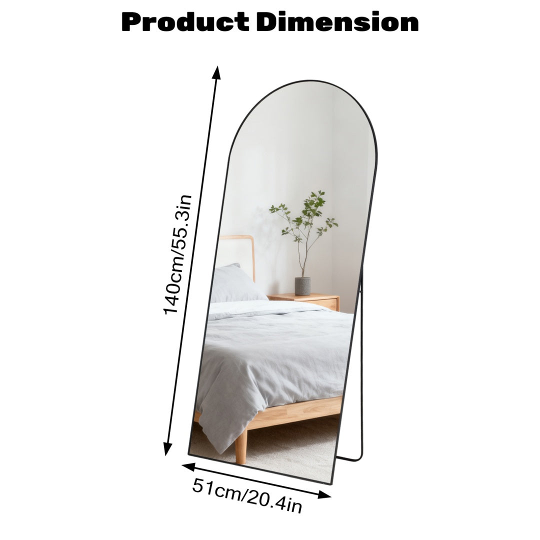 Black arched full-length standing mirror, 20.4x55.3 inches, with a sleek metal frame, perfect for bedrooms.
