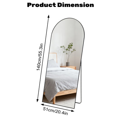 Black arched full-length standing mirror, 20.4x55.3 inches, with a sleek metal frame, perfect for bedrooms.