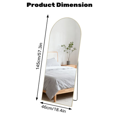 Golden arched full-length standing mirror, 18.4x57.3 inches, with a sleek metal frame and black stand.