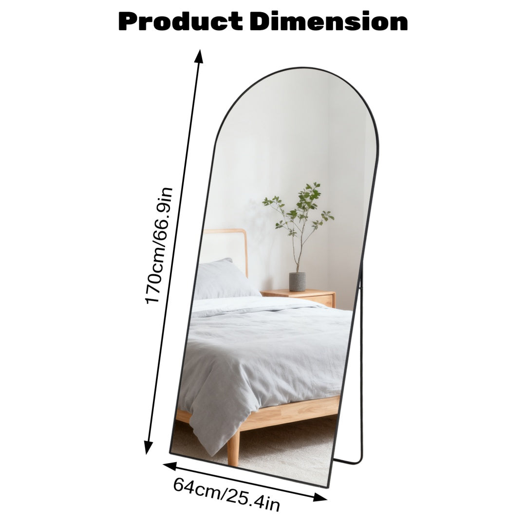 Black arched full-length standing mirror, 66.9 inches tall and 25.4 inches wide, with a sleek metal frame.