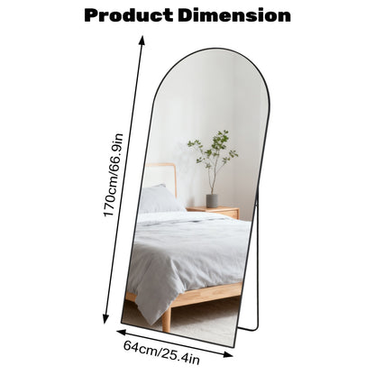 Black arched full-length standing mirror, 66.9 inches tall and 25.4 inches wide, with a sleek metal frame.