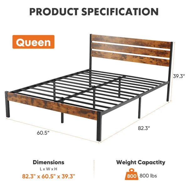 Queen-size platform bed with a black steel frame and rustic brown wooden headboard and footboard.
