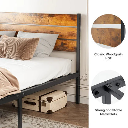 Heavy-duty black steel platform bed with classic woodgrain HDF headboard and strong metal slats.