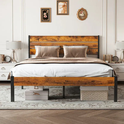 Rustic industrial platform bed with distressed wood-look headboard and footboard, black metal frame.