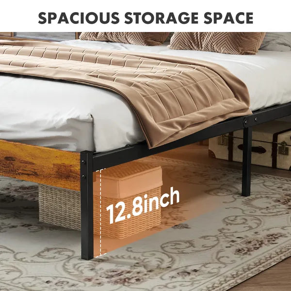 Black steel platform bed frame with rustic wood accent and 12.8-inch under-bed storage space.