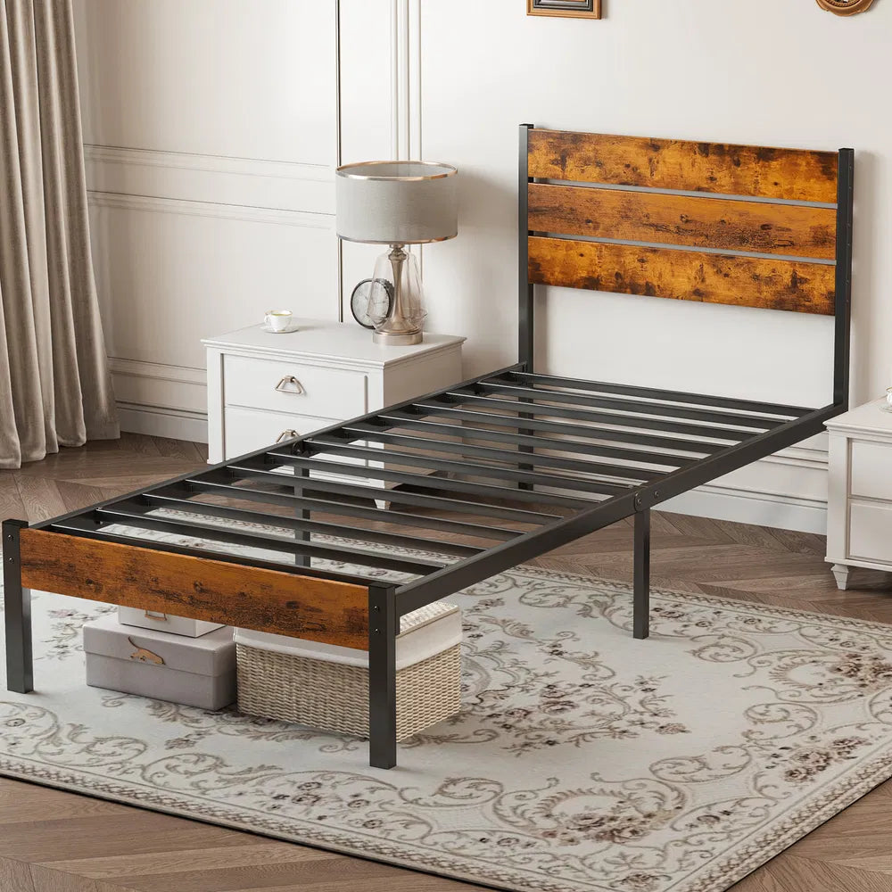 Twin-size platform bed with black steel frame, rustic wood headboard and footboard, and metal slats.