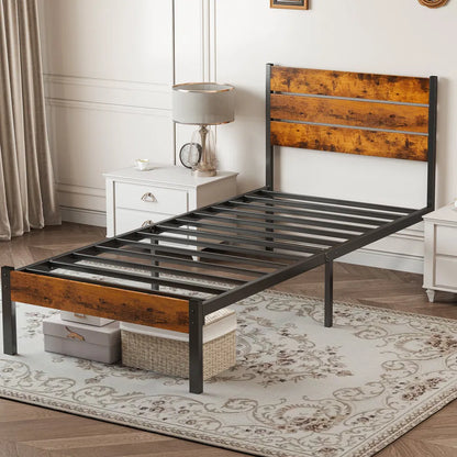 Twin-size platform bed with black steel frame, rustic wood headboard and footboard, and metal slats.
