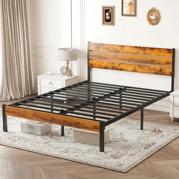 Black steel platform bed frame with rustic wood grain headboard and footboard.