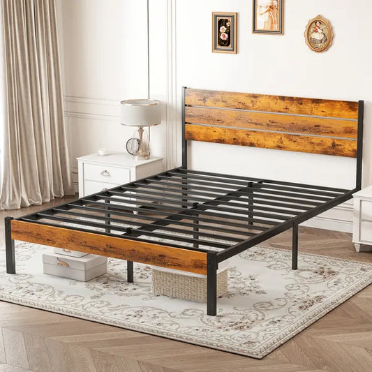 Black steel platform bed frame with rustic wood grain headboard and footboard.