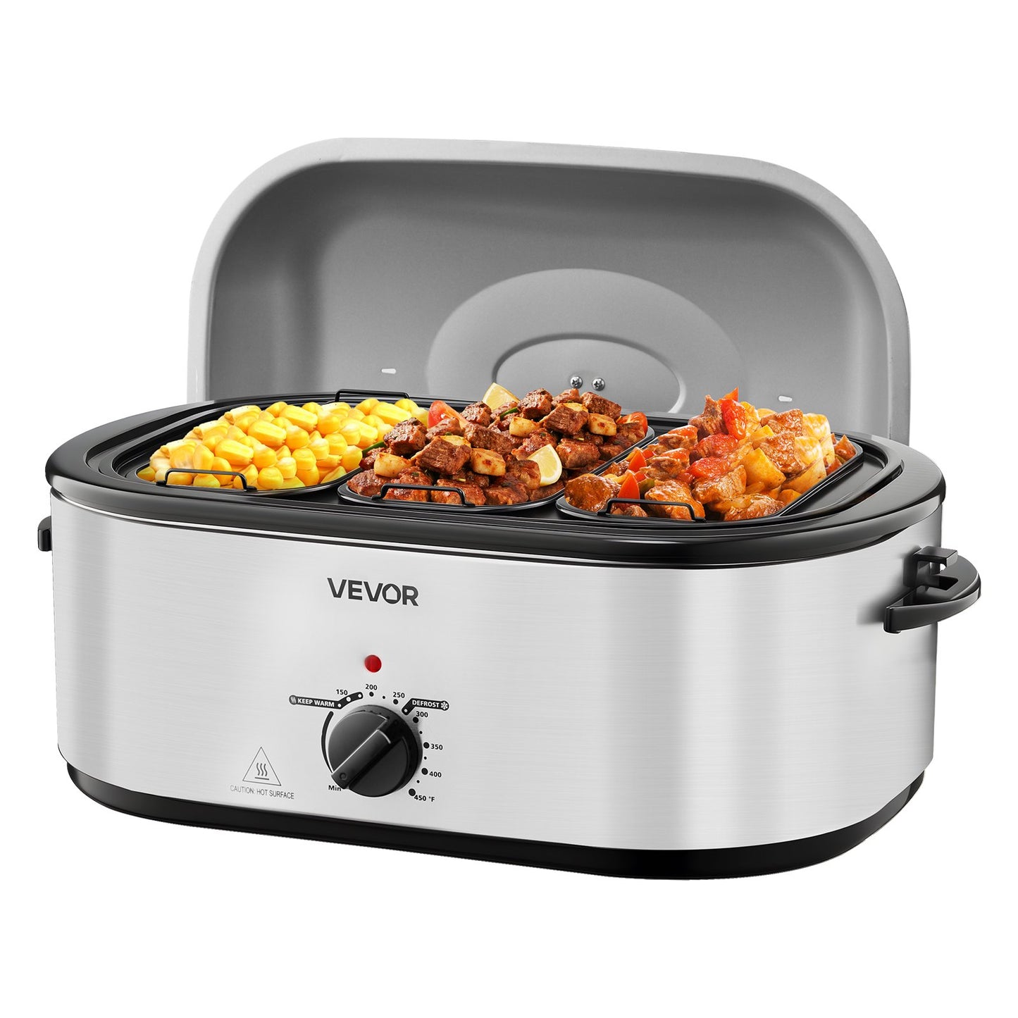 Silver 24QT VEVOR roaster with lid open, serving three hot dishes in separate buffet pans.