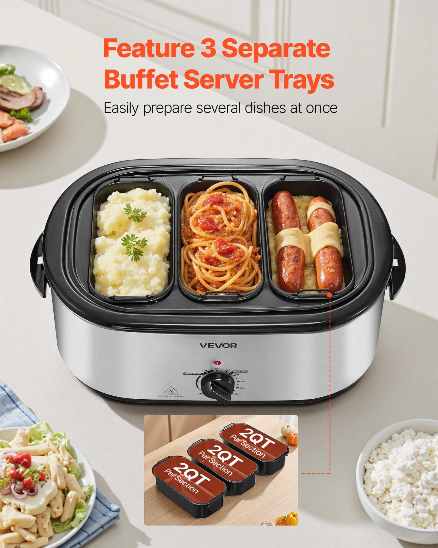 Silver 24QT Master Host Roaster with three black buffet server trays holding mashed potatoes, spaghetti, and sausages.