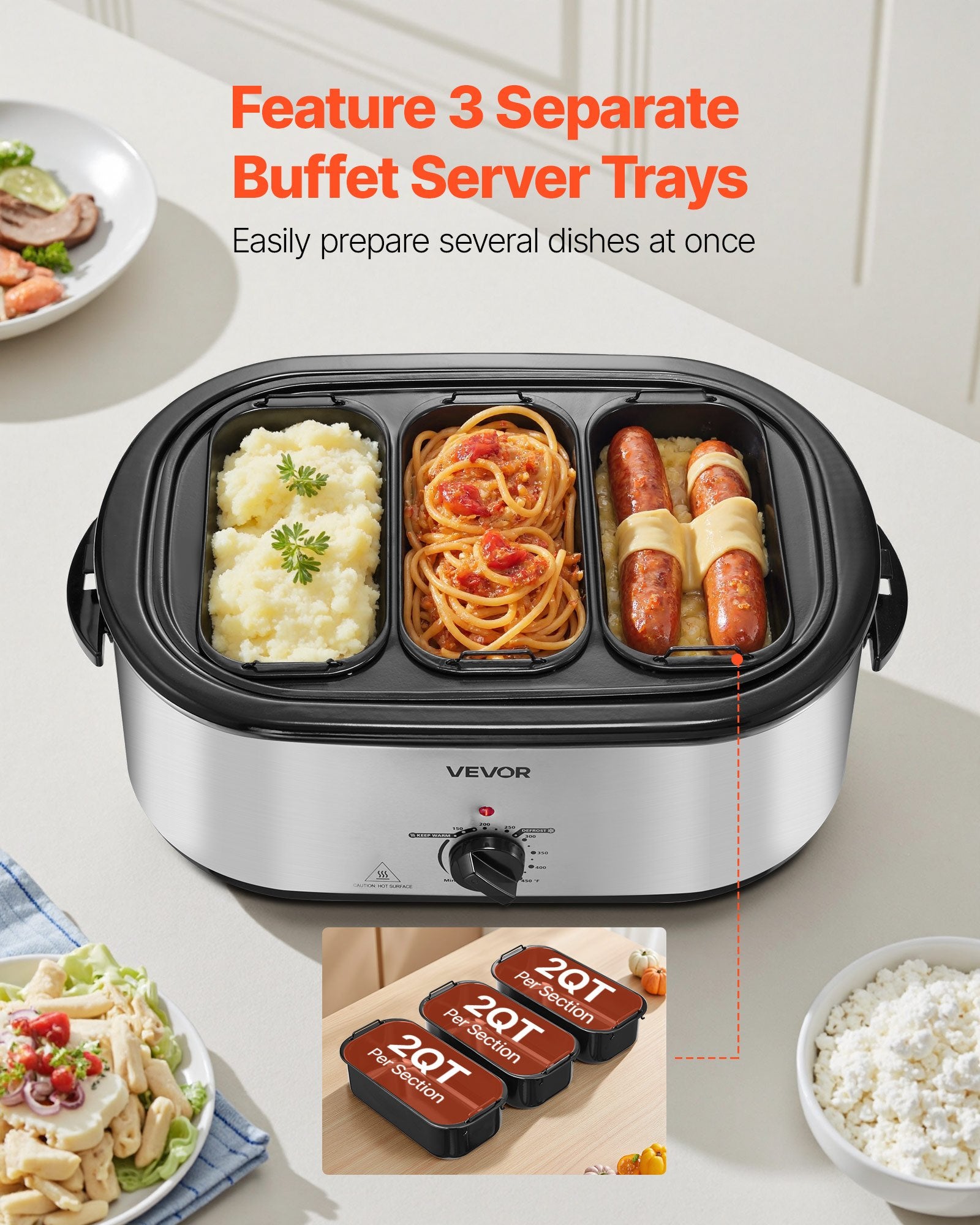 Silver 24QT Master Host Roaster with three black buffet server trays holding mashed potatoes, spaghetti, and sausages.