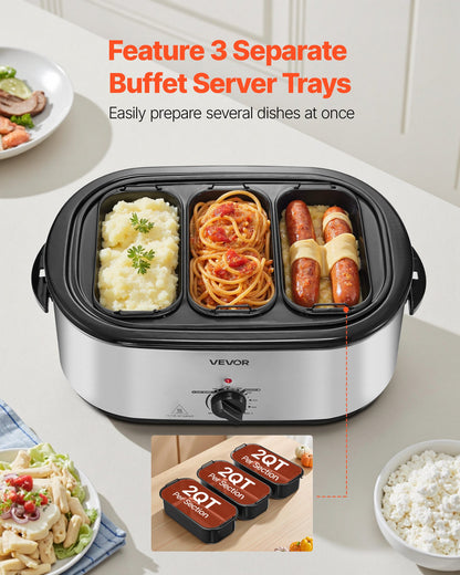 Silver 24QT Master Host Roaster with three black buffet server trays holding mashed potatoes, spaghetti, and sausages.