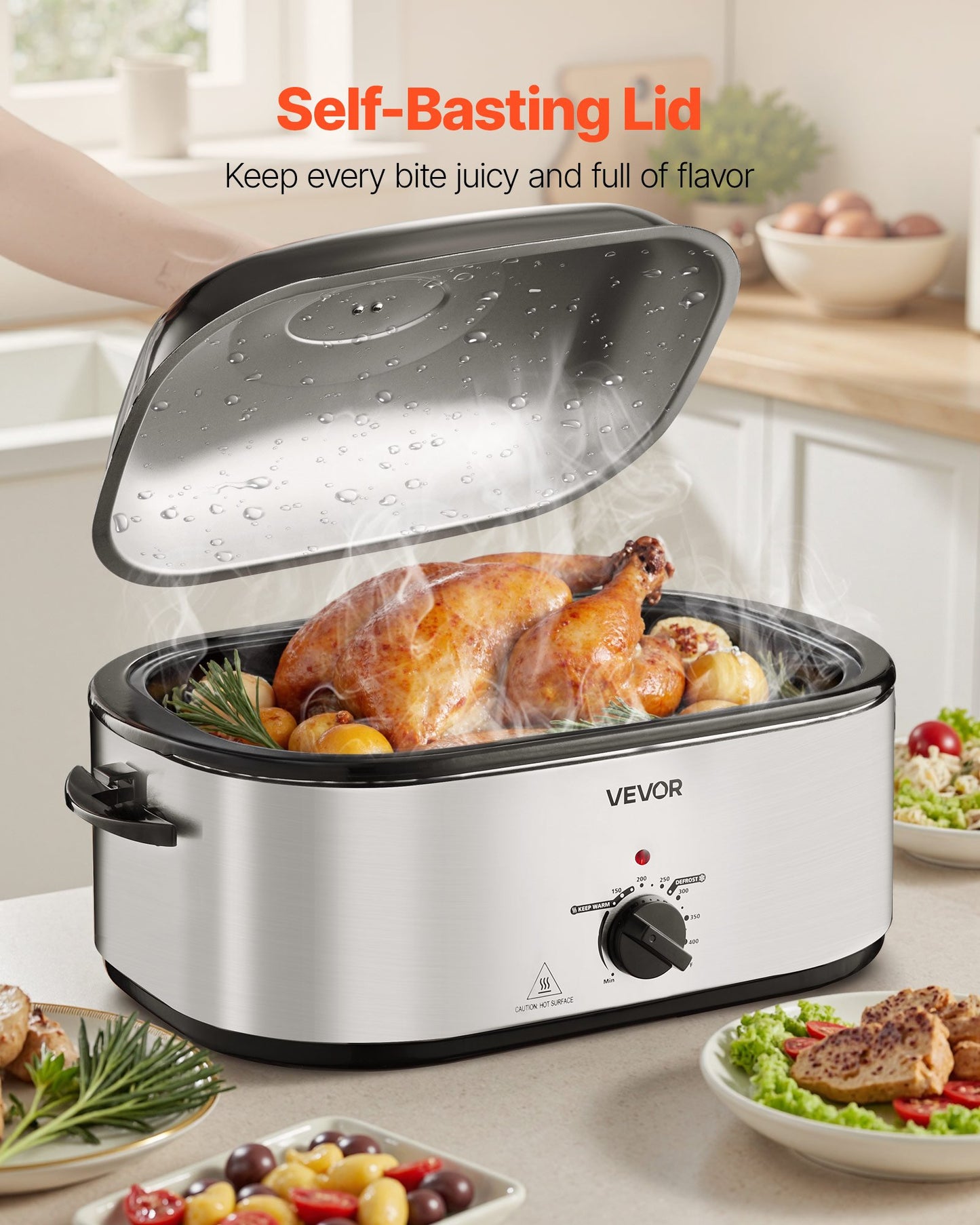 Silver 24QT VEVOR roaster with self-basting lid, roasting a golden turkey with rosemary and potatoes.