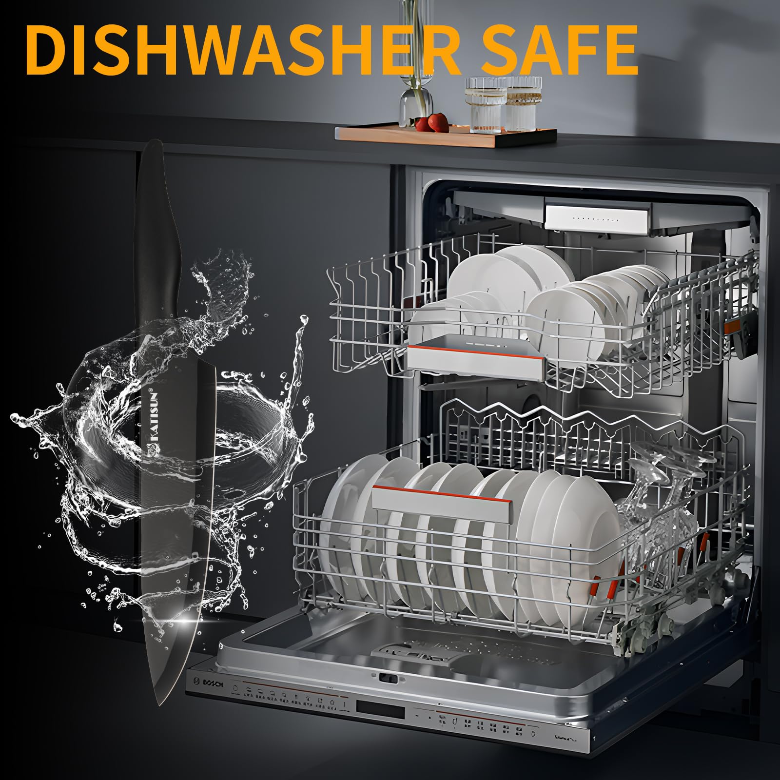 Black German steel knife with water splashing, next to an open dishwasher full of white plates.