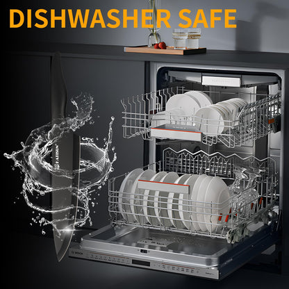 Black German steel knife with water splashing, next to an open dishwasher full of white plates.