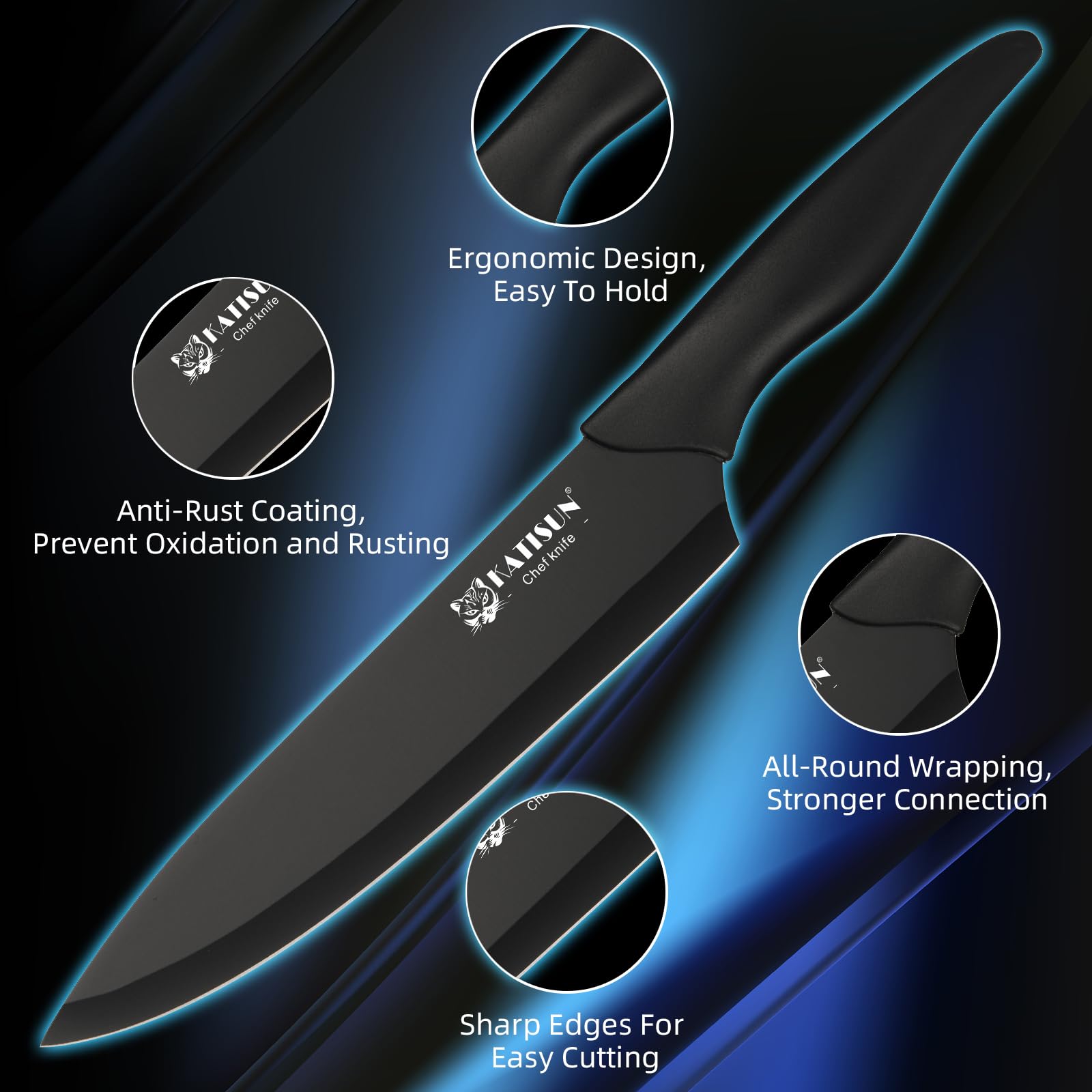 Sleek black German steel chef's knife with anti-rust coating, ergonomic handle, and sharp edges.